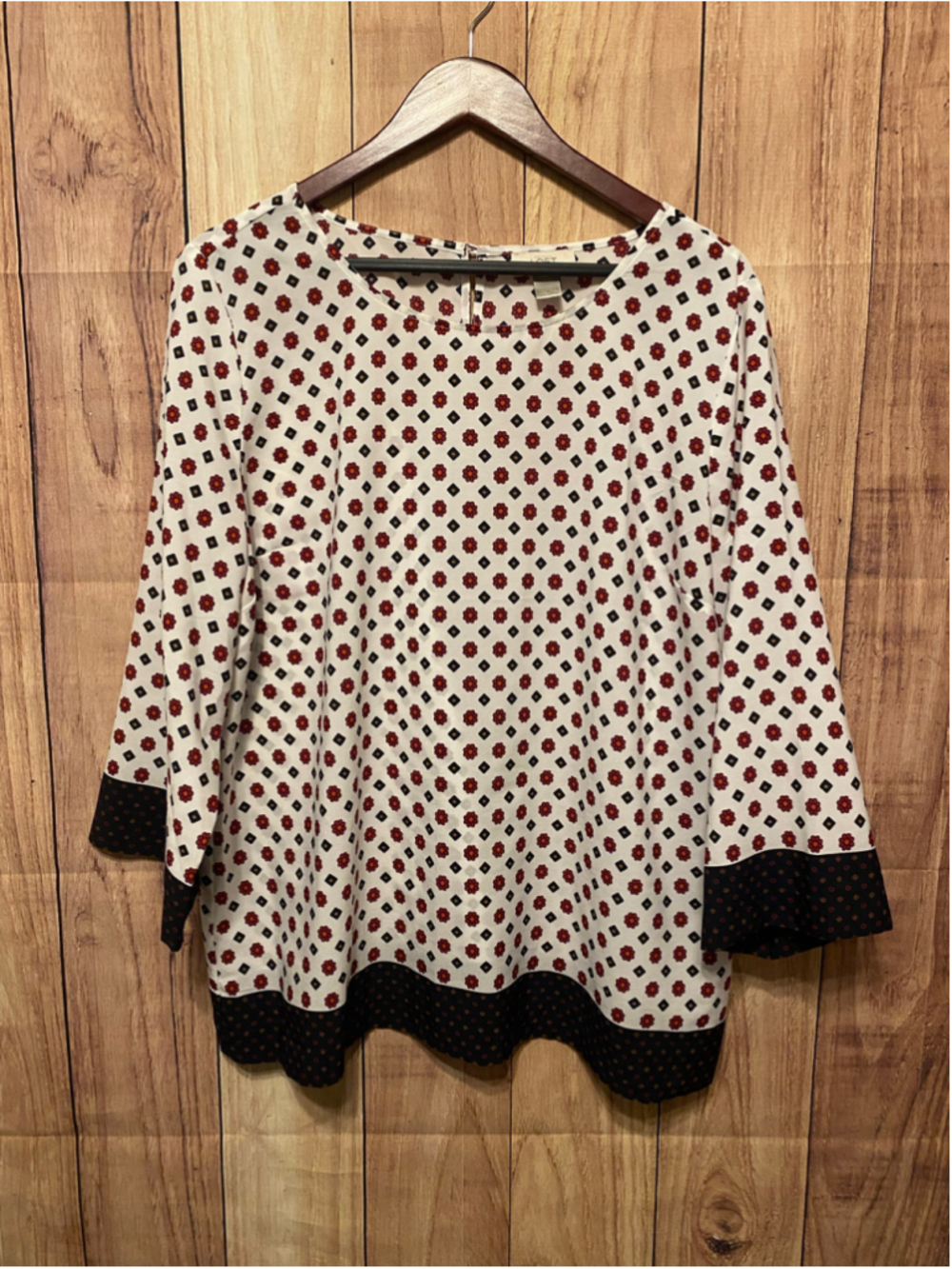 LOFT XL Blouse White Red Black Geometric Print 3/4 Sleeve Top Shirt